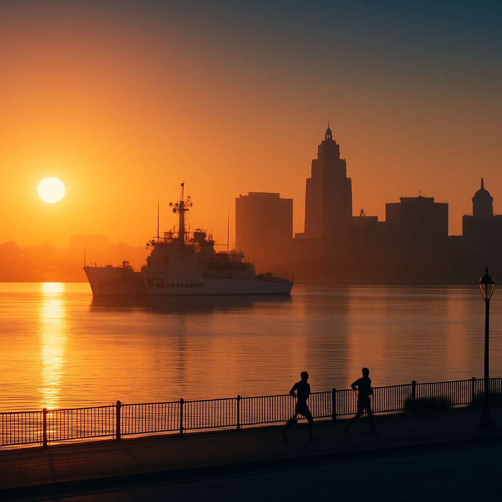 Sunrise over the Elizabeth River waterfront in Portsmouth, Virginia with a Coast Guard ship docked in the distance